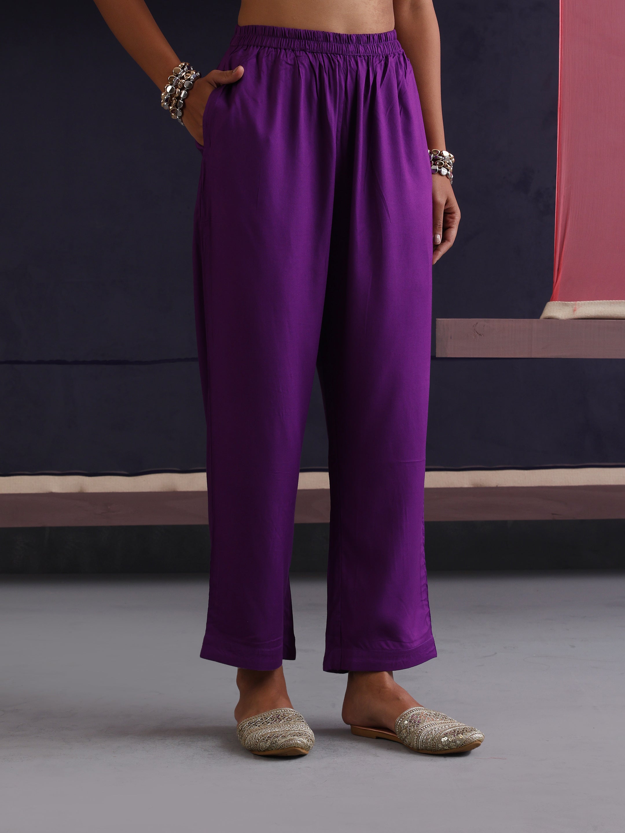 Khushal K Women Embroidered Round Neck Purple Kaftan set