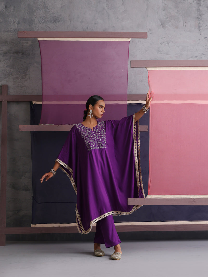 Khushal K Women Embroidered Round Neck Purple Kaftan set