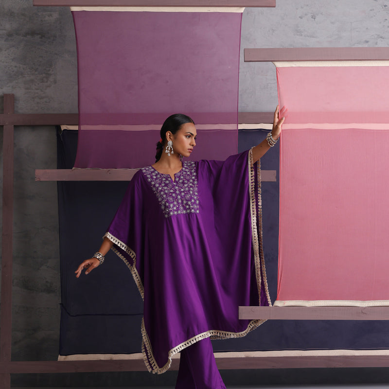 Women Embroidered Round Neck Purple Kaftan Set - Khushal K - Image 5