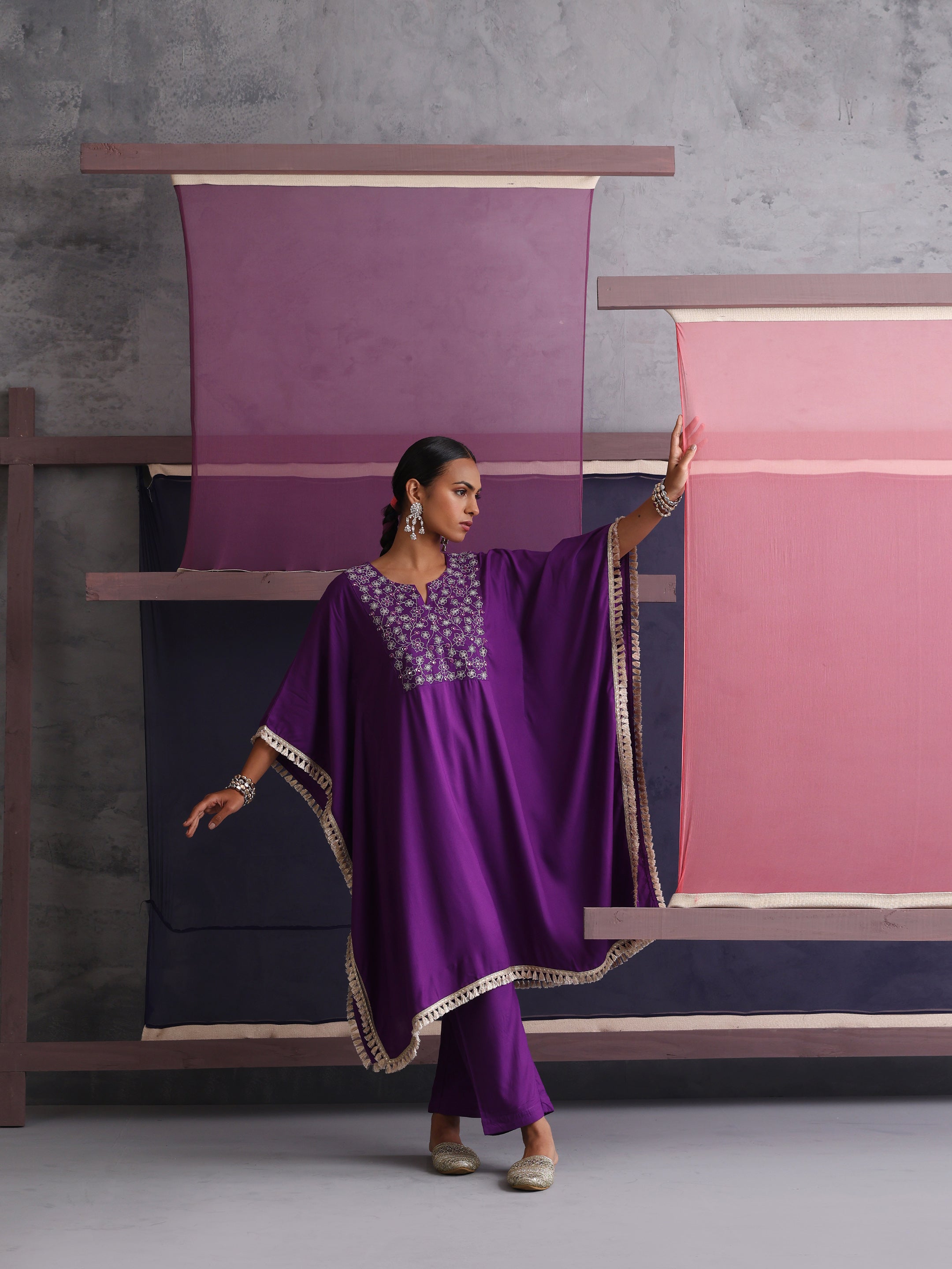 Khushal K Women Embroidered Round Neck Purple Kaftan set