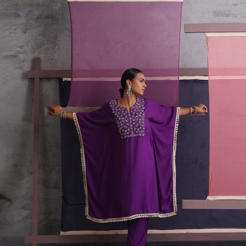 Women Embroidered Round Neck Purple Kaftan Set - Khushal K - Image 6