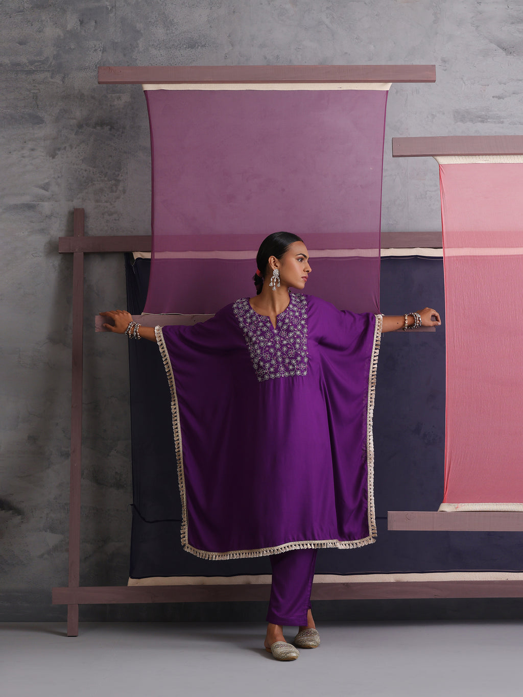 Khushal K Women Embroidered Round Neck Purple Kaftan set