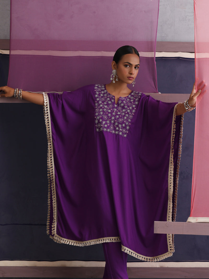 Khushal K Women Embroidered Round Neck Purple Kaftan set