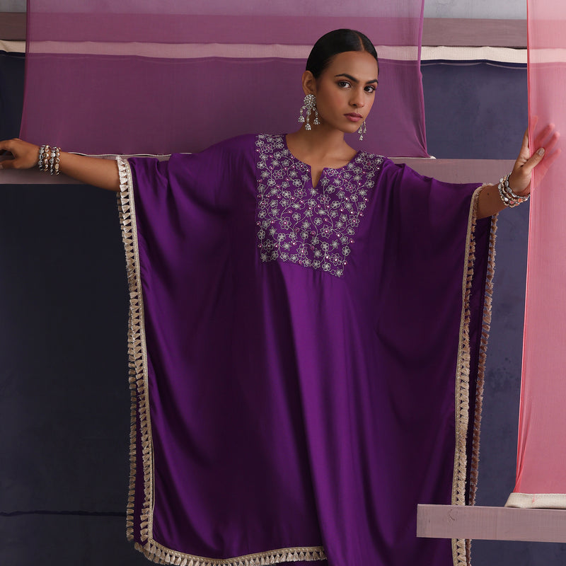 Women Embroidered Round Neck Purple Kaftan Set - Khushal K - Image 7