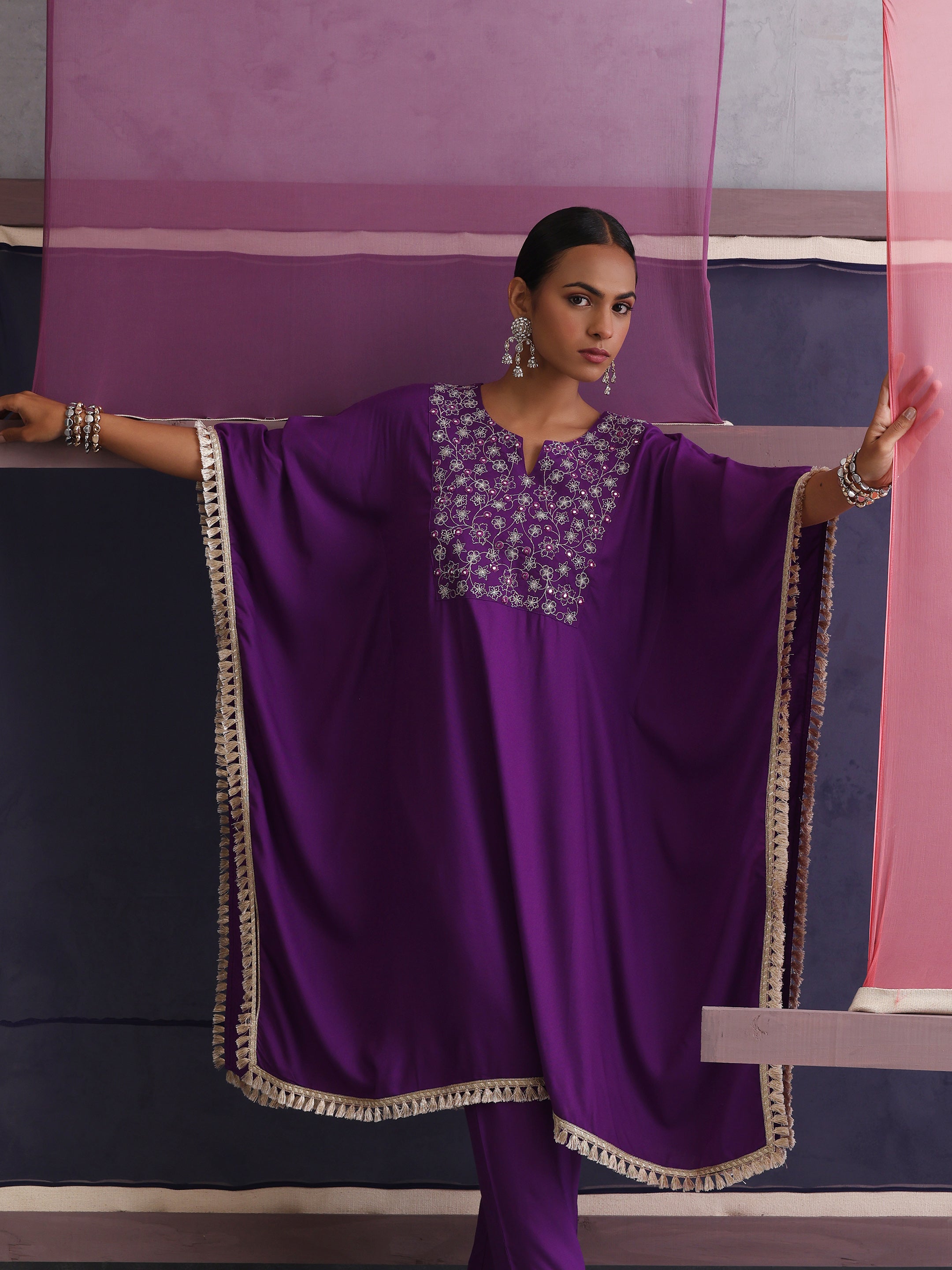 Khushal K Women Embroidered Round Neck Purple Kaftan set