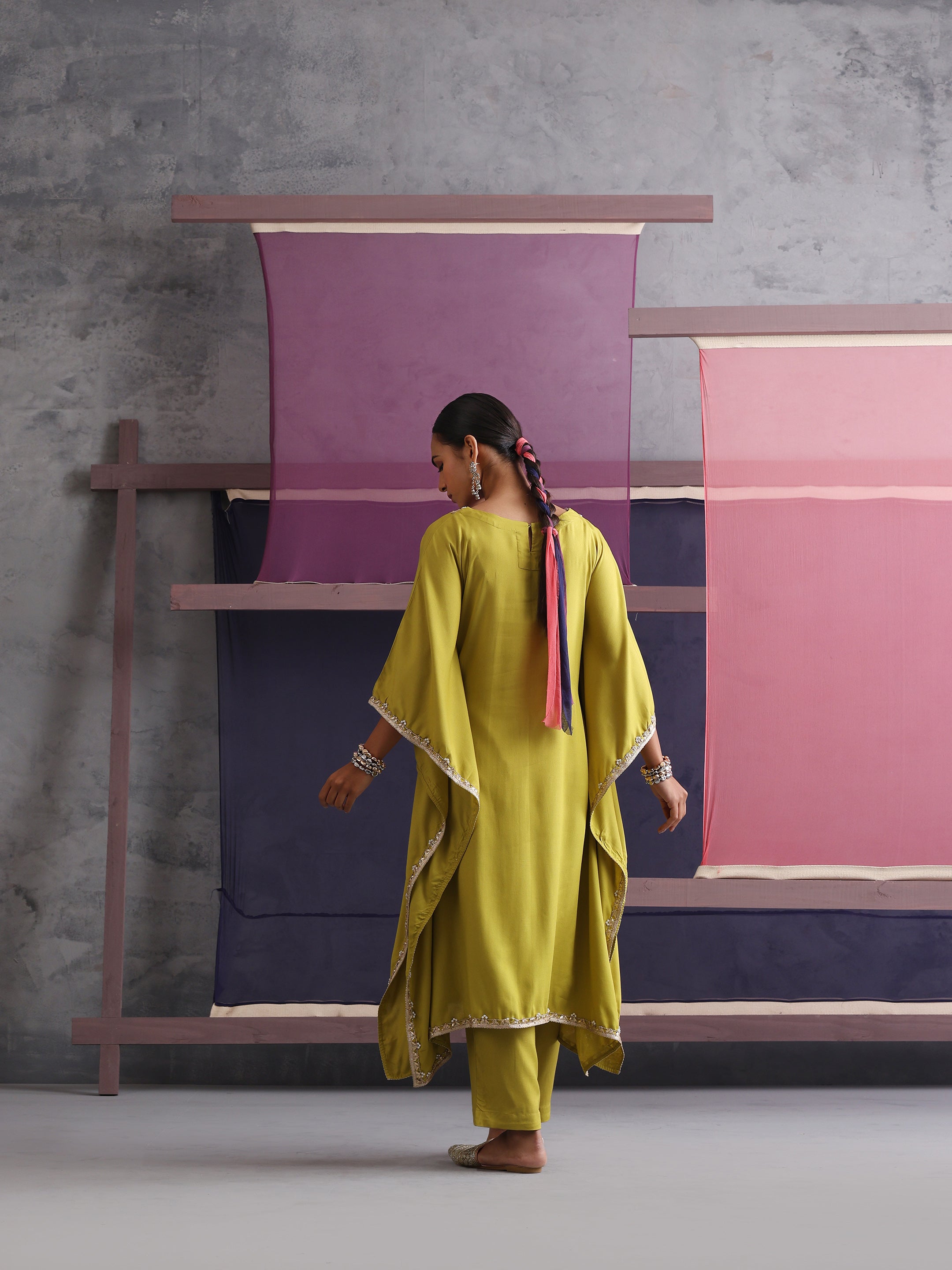 Khushal K Women V-Neck Green Kaftan set