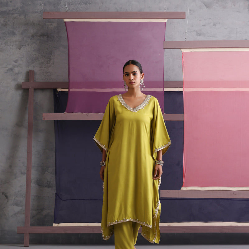 Women V-Neck Green Kaftan Set - Parrot Green - Khushal K - Image 5