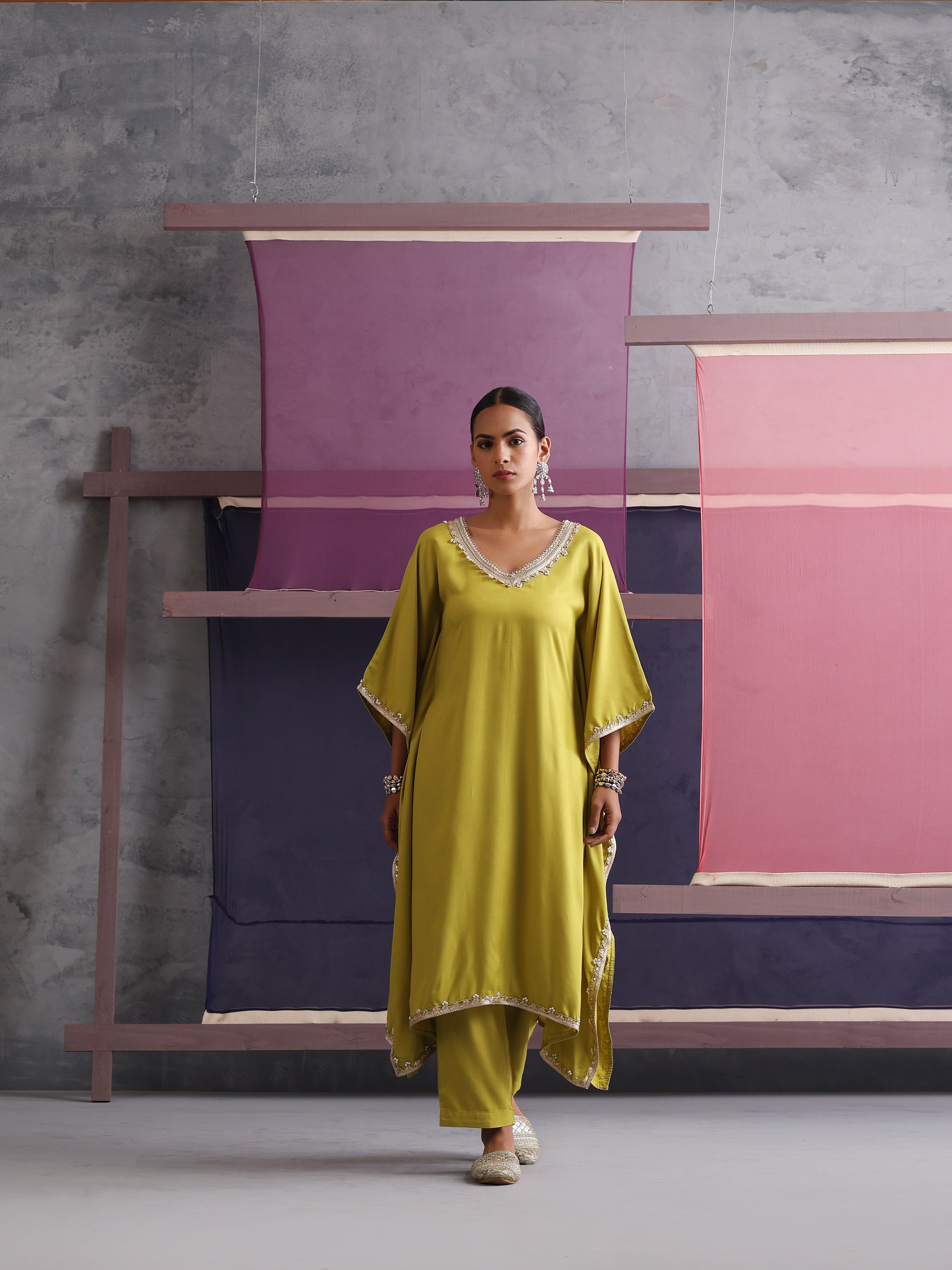 Khushal K Women V-Neck Green Kaftan set