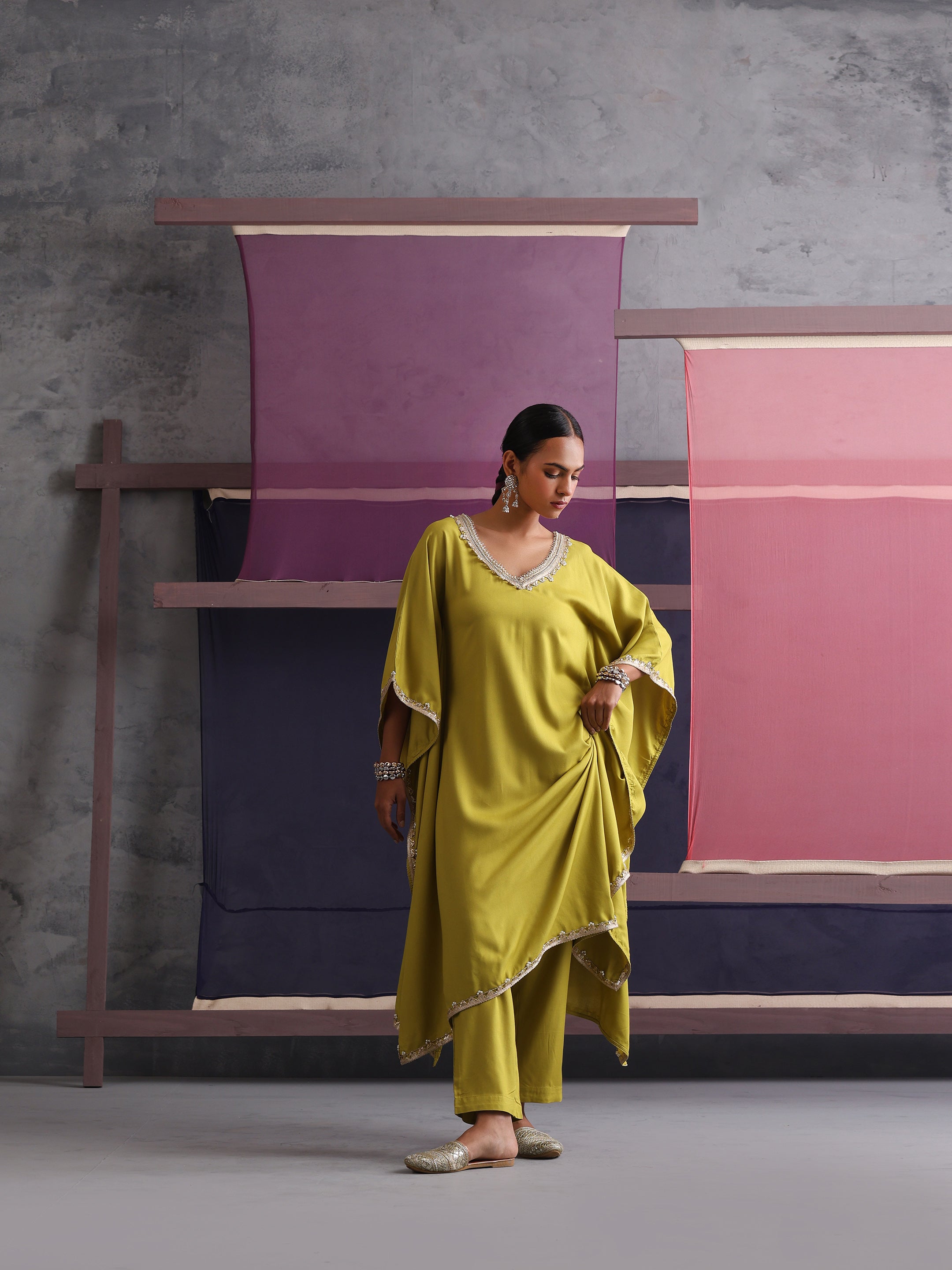 Khushal K Women V-Neck Green Kaftan set