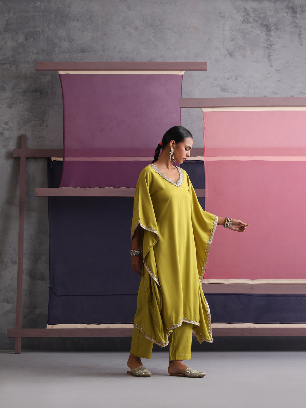 Khushal K Women V-Neck Green Kaftan set