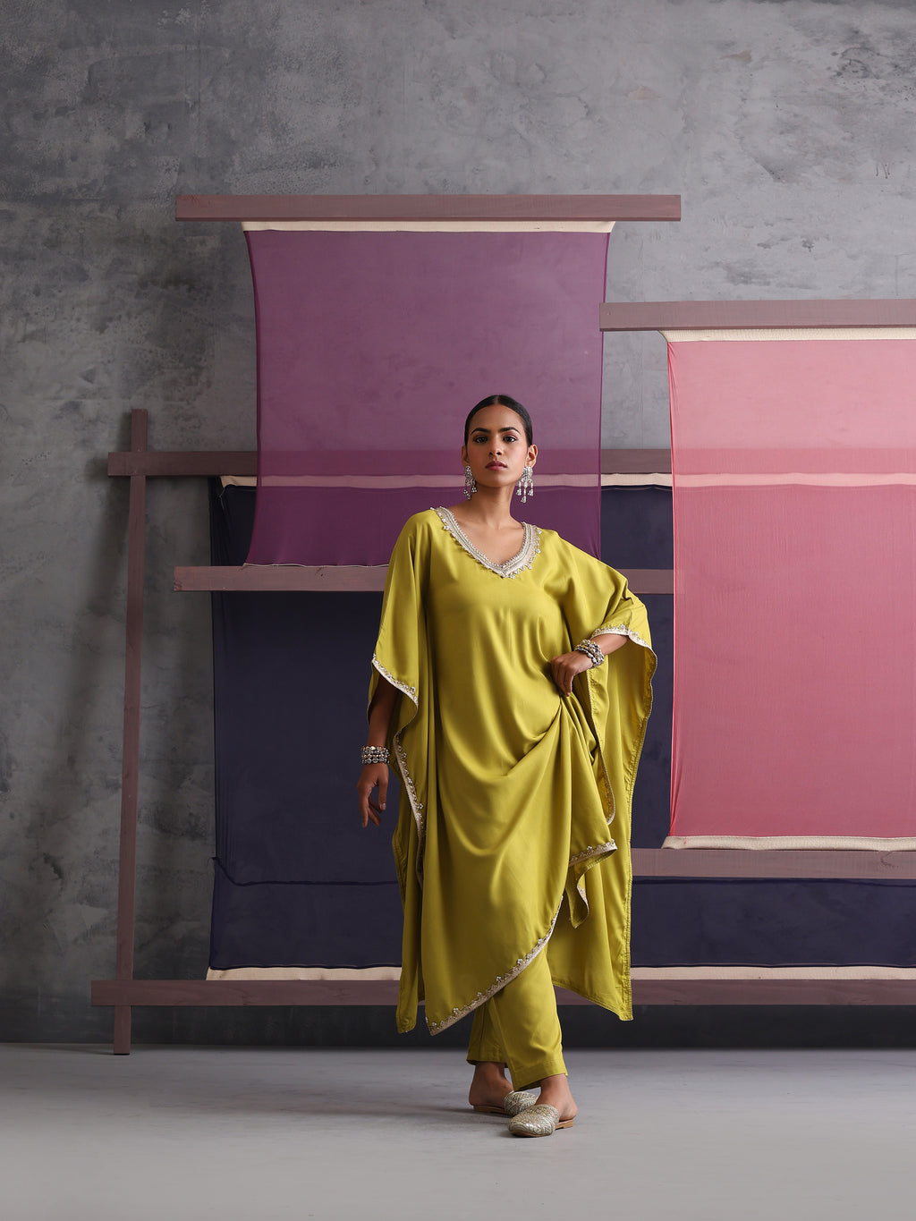 Khushal K Women V-Neck Green Kaftan set