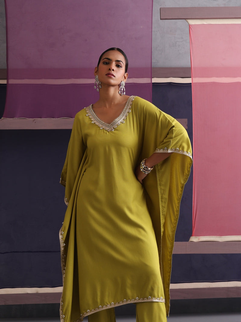 Khushal K Women V-Neck Green Kaftan set