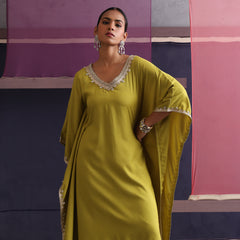 Khushal K Women V-Neck Green Kaftan set