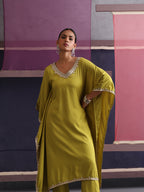 Khushal K Women V-Neck Green Kaftan set