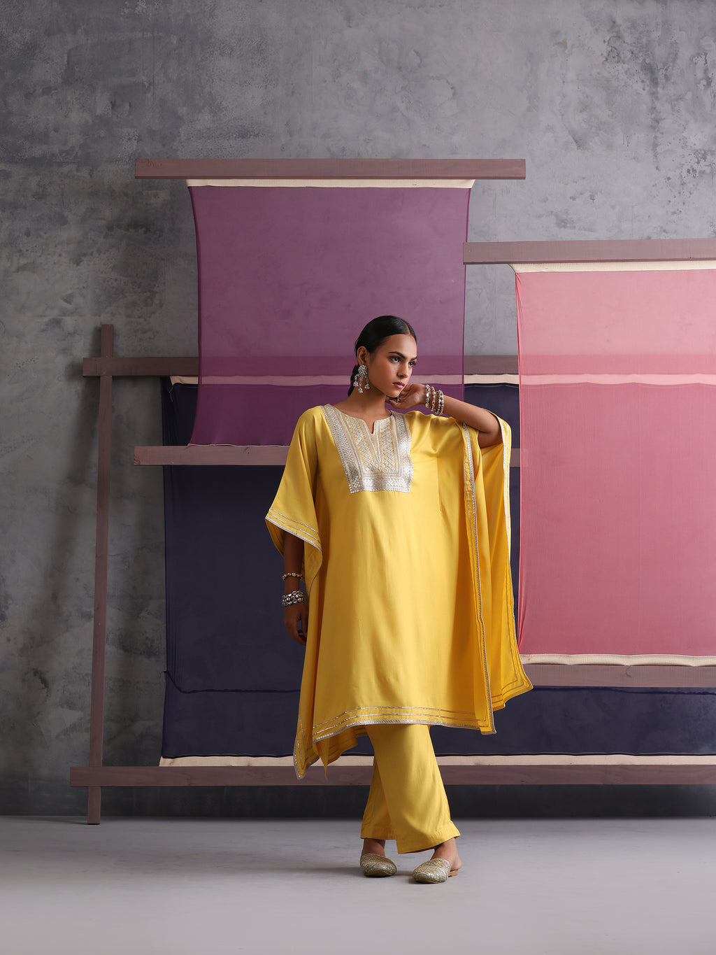 Khushal K Women Motifs Yoke Design Yellow Kaftan set