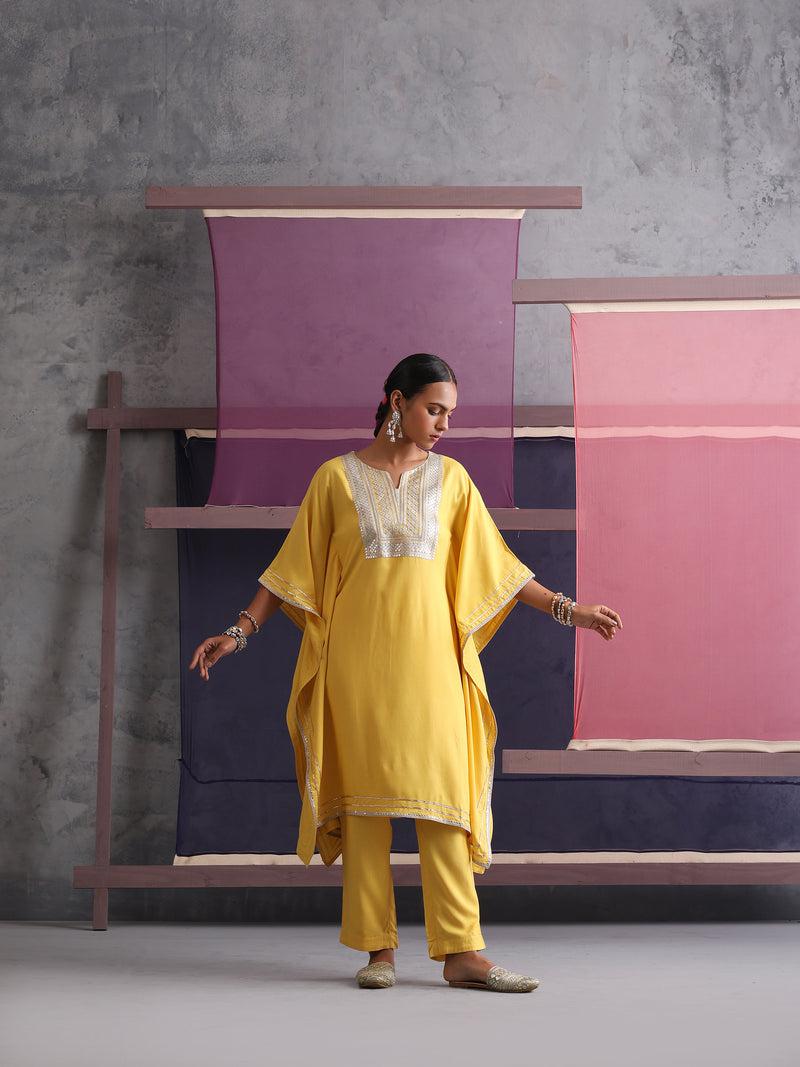Khushal K Women Motifs Yoke Design Yellow Kaftan set