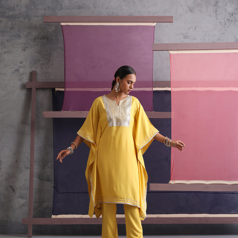 Women Motifs Yoke Design Yellow Kaftan Set - Khushal K - Image 5