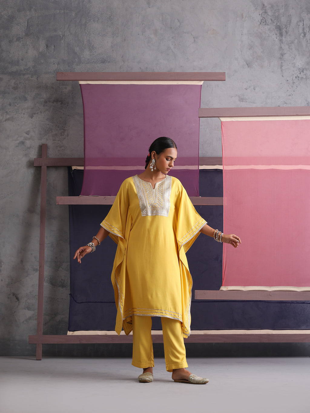 Khushal K Women Motifs Yoke Design Yellow Kaftan set