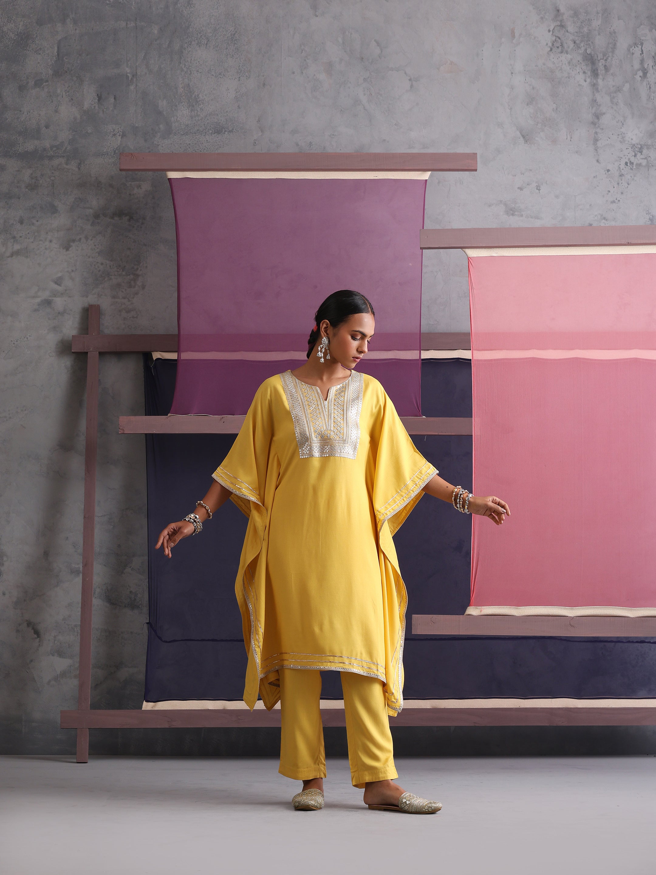 Khushal K Women Motifs Yoke Design Yellow Kaftan set