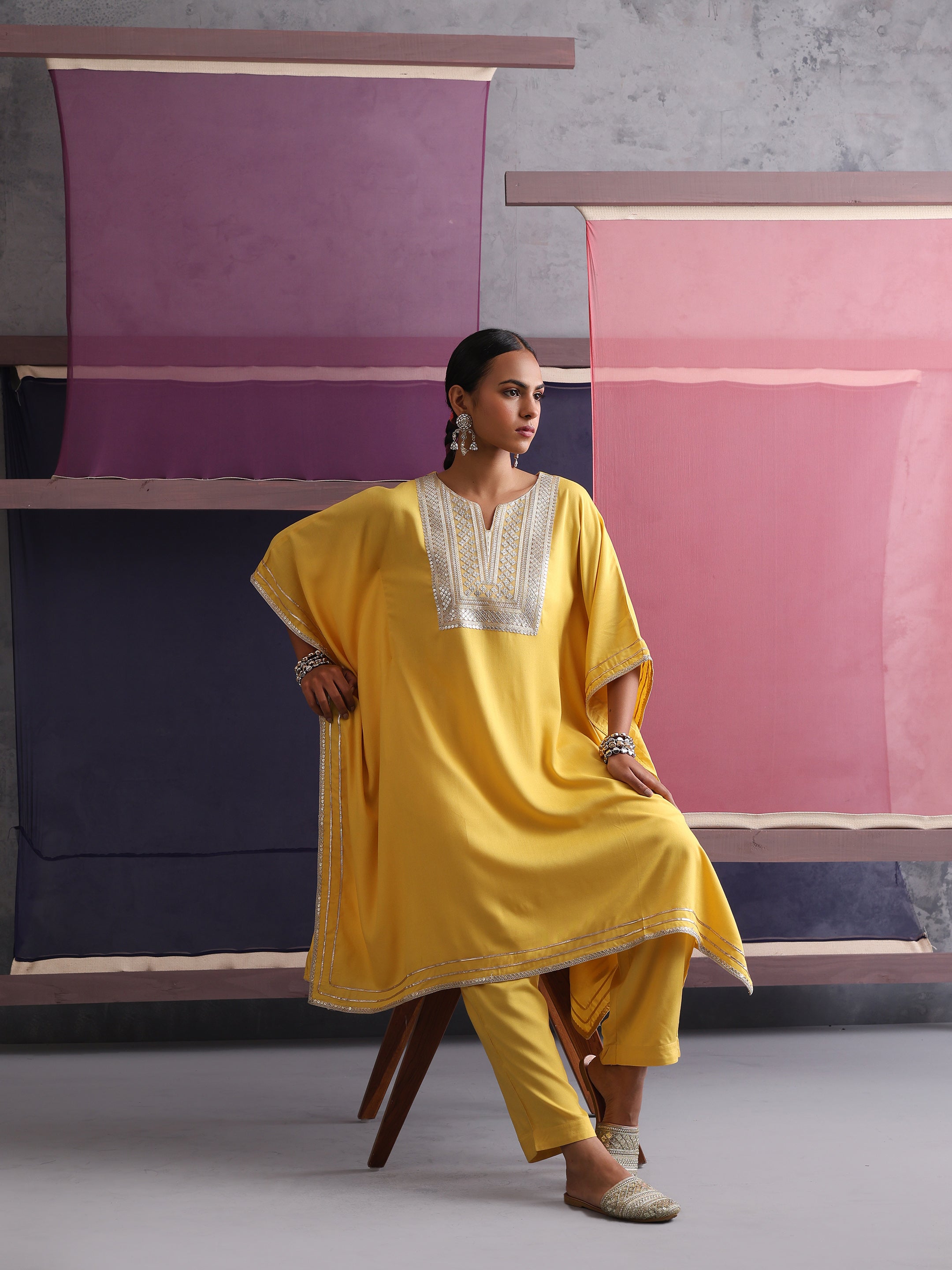 Khushal K Women Motifs Yoke Design Yellow Kaftan set