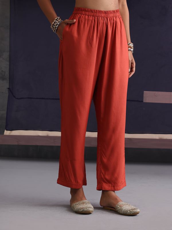 Khushal K Women Motifs V-Neck Rust Kaftan set