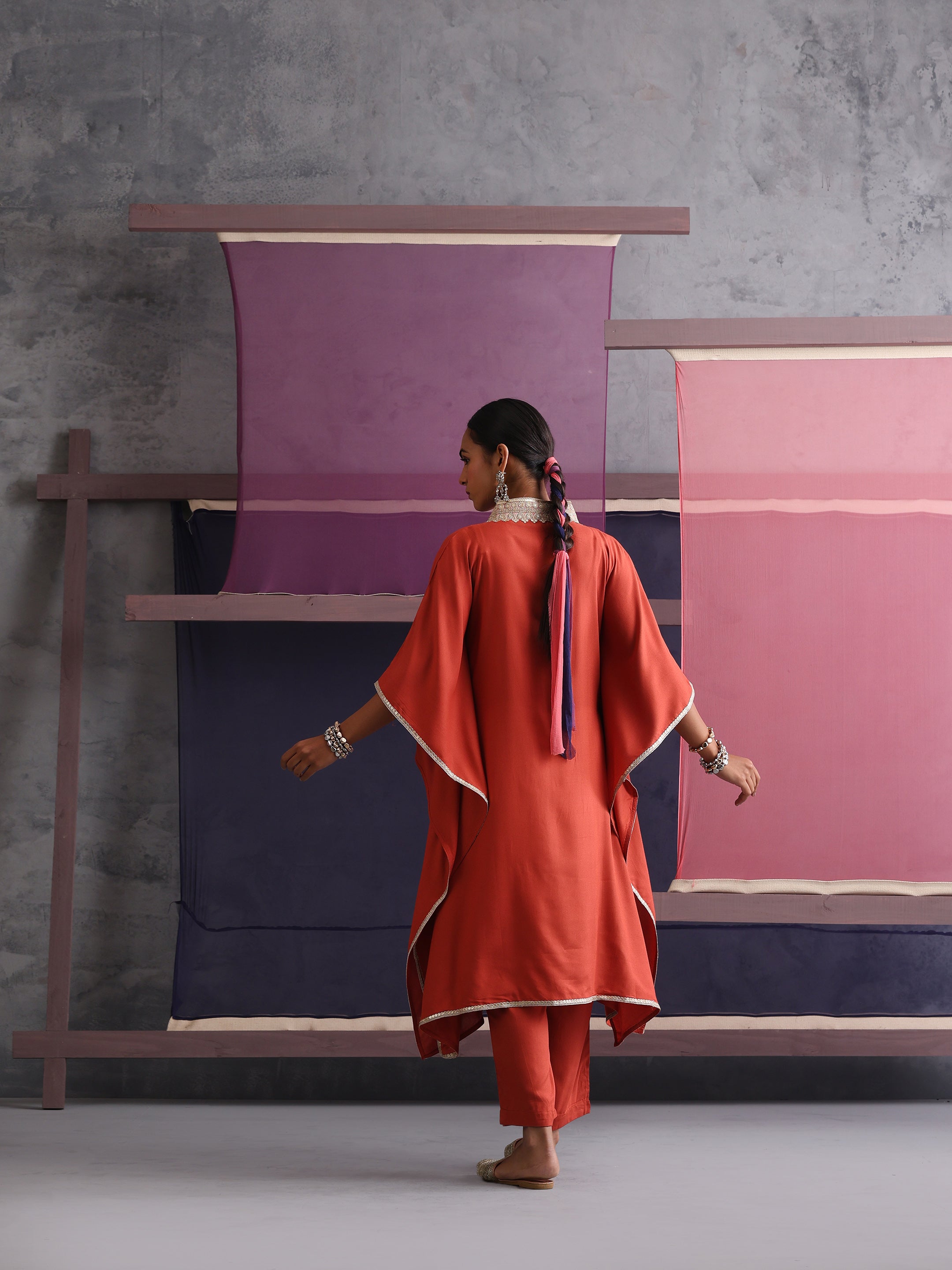 Khushal K Women Motifs V-Neck Rust Kaftan set