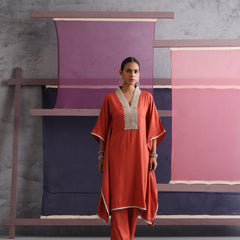 Khushal K Women Motifs V-Neck Rust Kaftan set