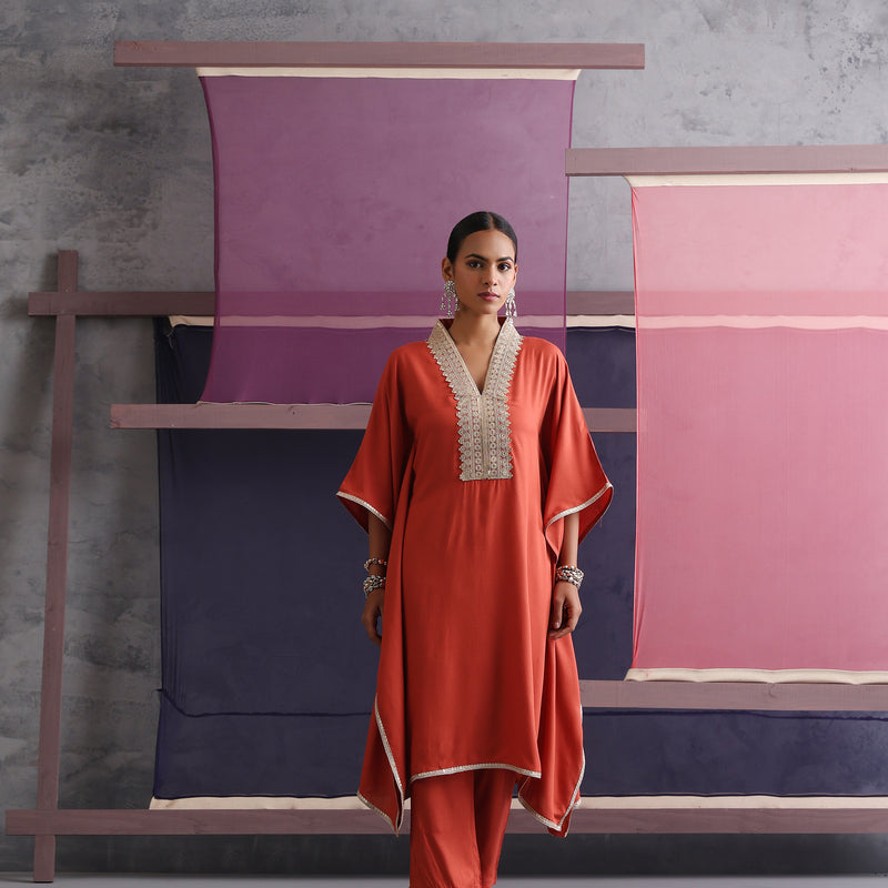 Women Motifs V-Neck Rust Kaftan Set - Khushal K - Image 5