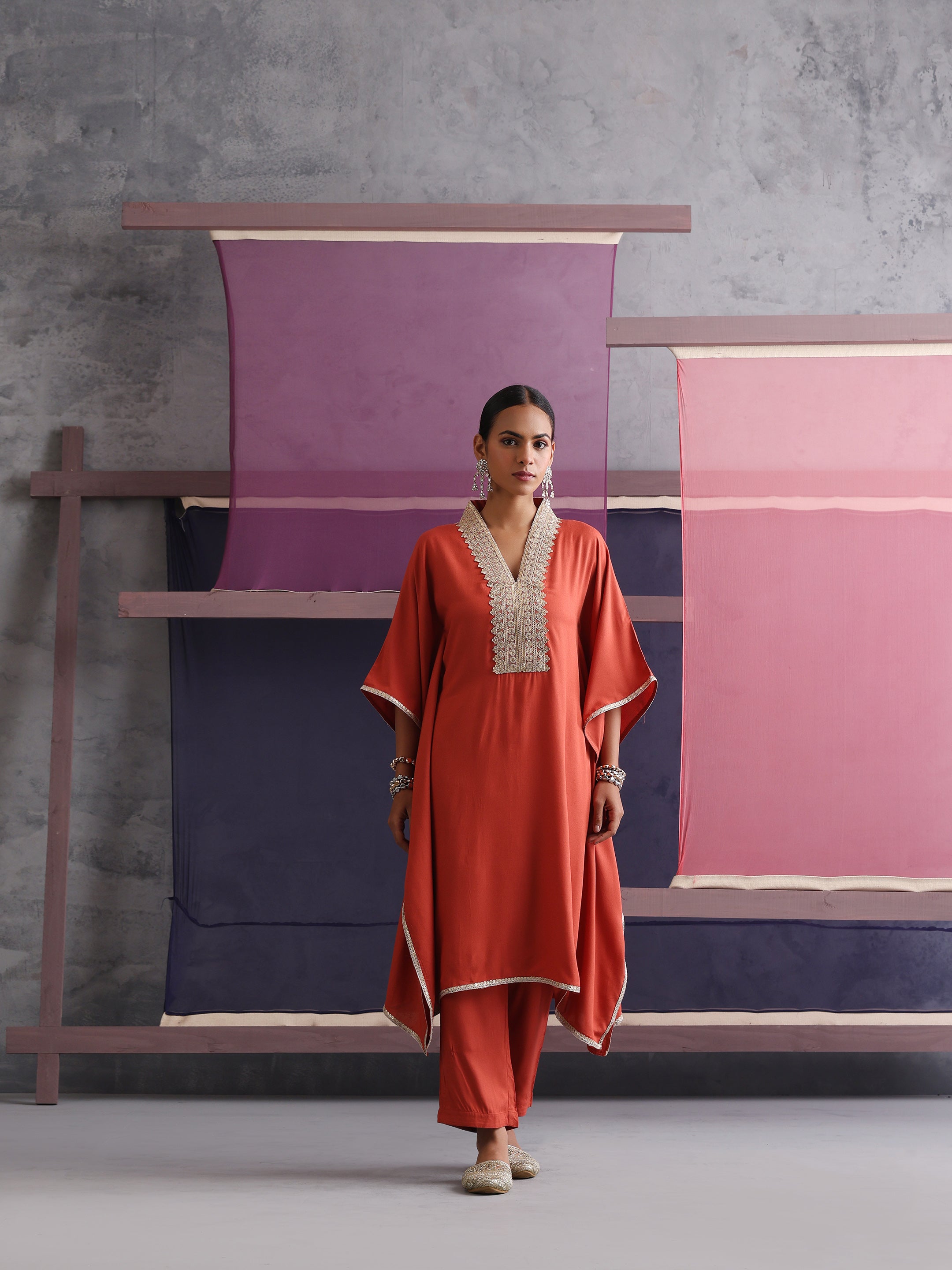 Khushal K Women Motifs V-Neck Rust Kaftan set