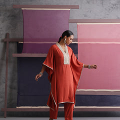 Khushal K Women Motifs V-Neck Rust Kaftan set