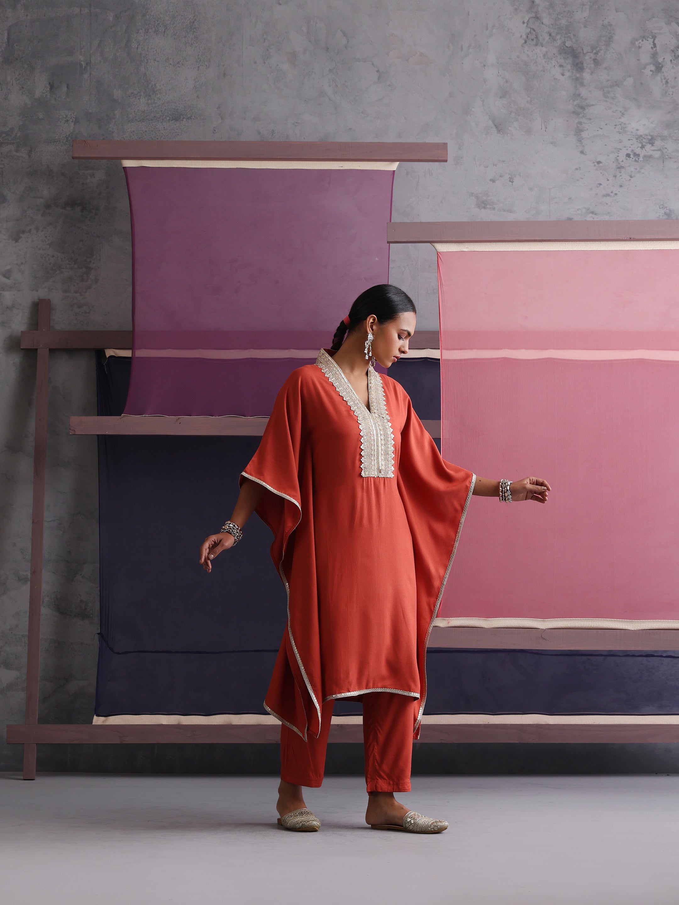 Khushal K Women Motifs V-Neck Rust Kaftan set