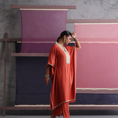 Khushal K Women Motifs V-Neck Rust Kaftan set