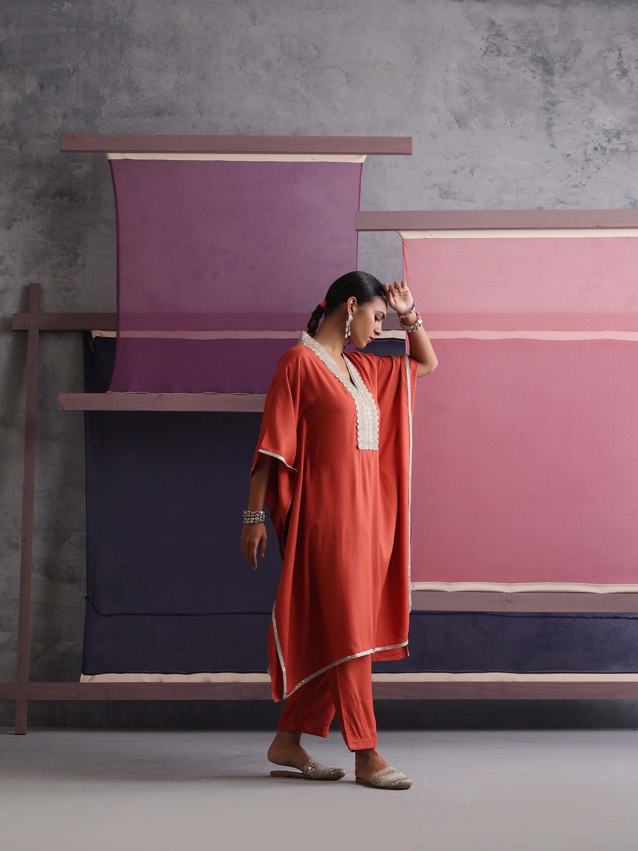 Khushal K Women Motifs V-Neck Rust Kaftan set