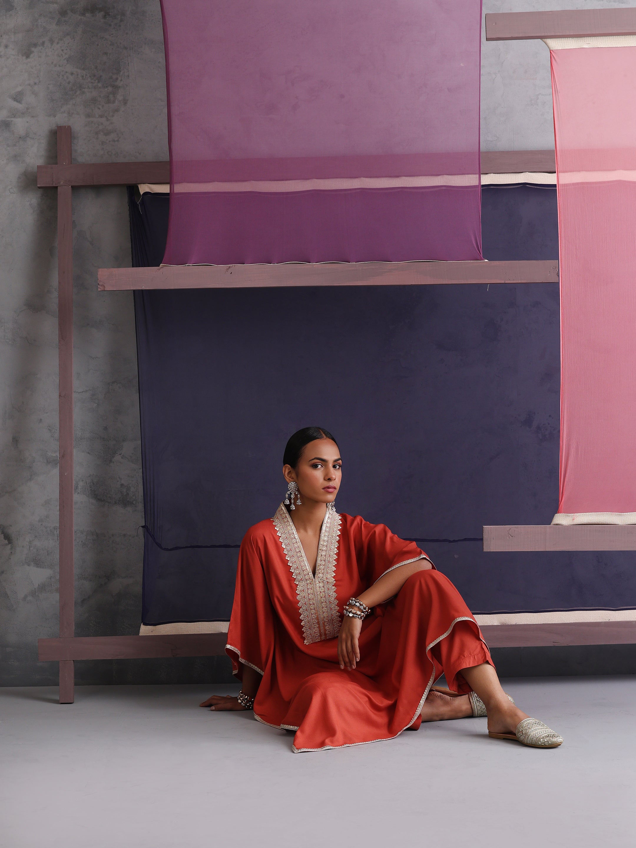 Khushal K Women Motifs V-Neck Rust Kaftan set