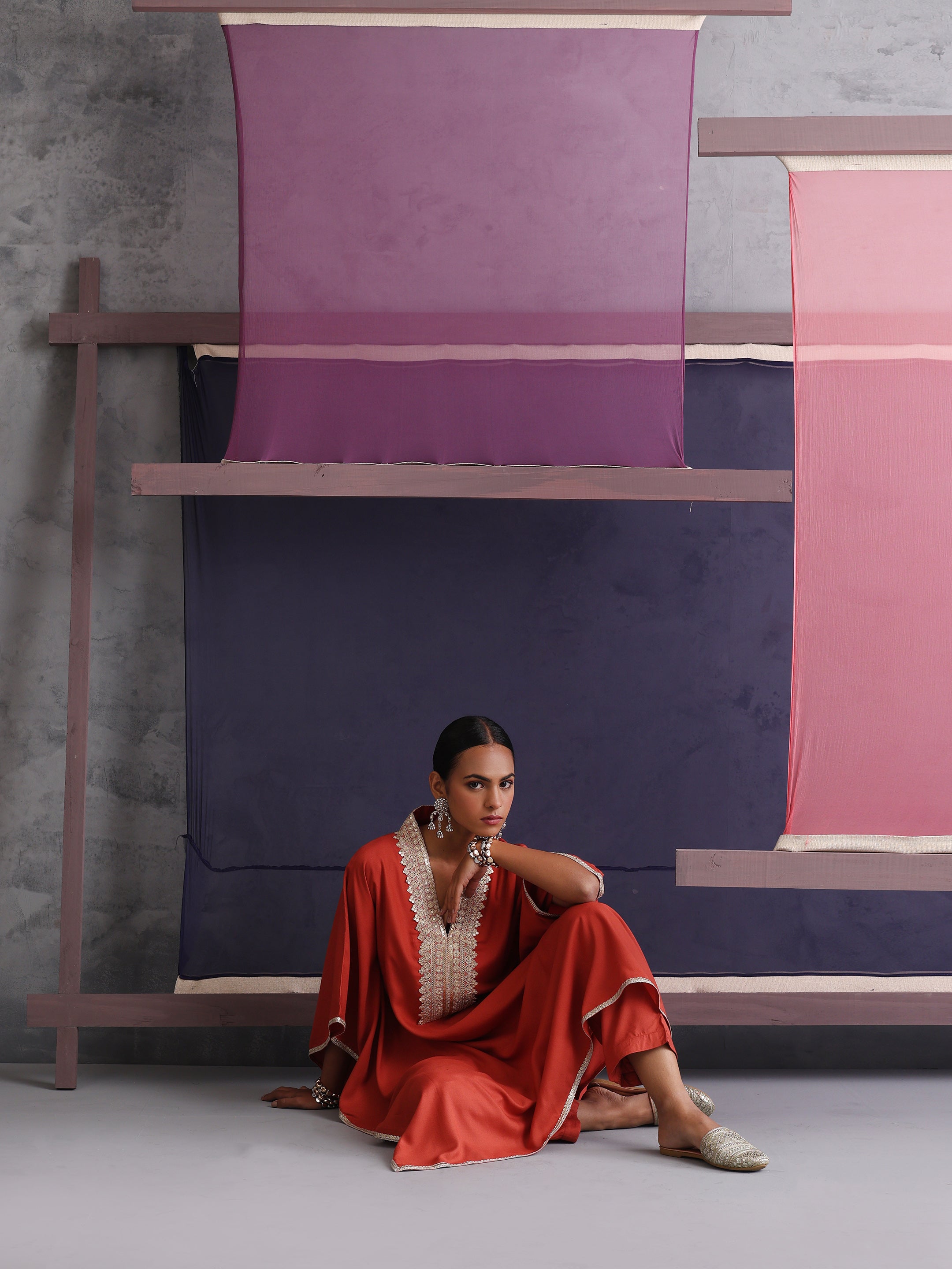 Khushal K Women Motifs V-Neck Rust Kaftan set