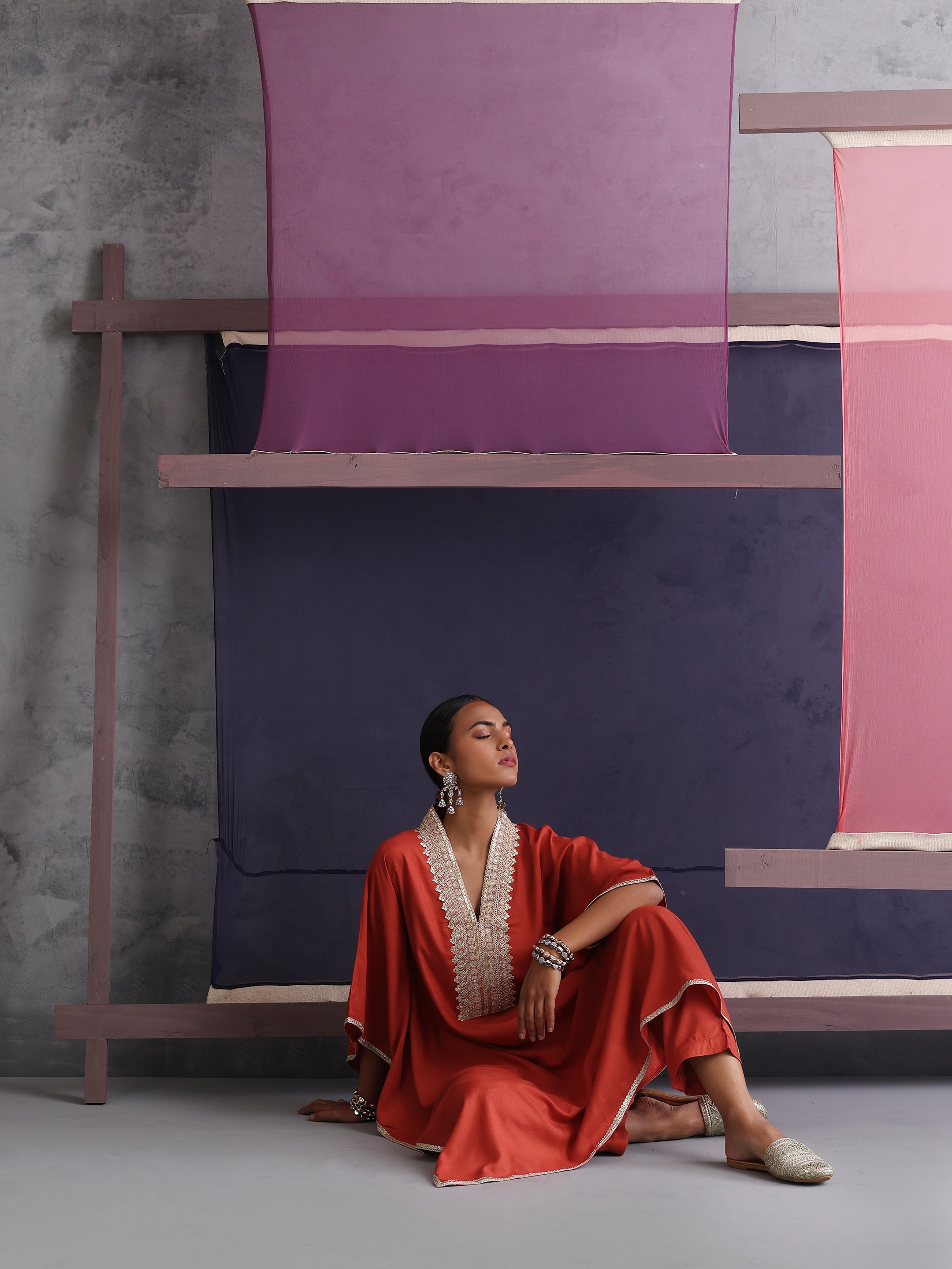 Khushal K Women Motifs V-Neck Rust Kaftan set