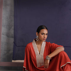 Khushal K Women Motifs V-Neck Rust Kaftan set