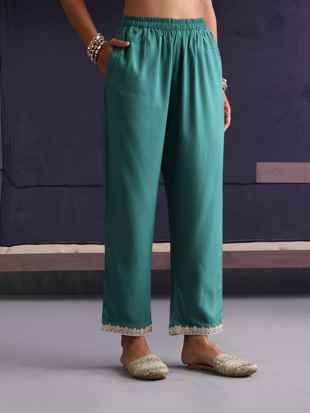 Khushal K Women V-Neck-line Green Kaftan set