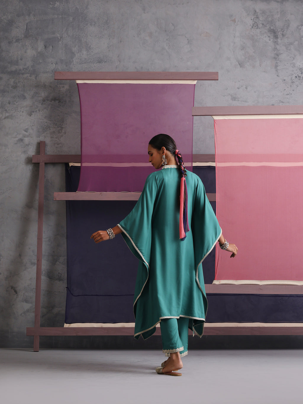 Khushal K Women V-Neck-line Green Kaftan set