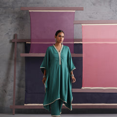 Khushal K Women V-Neck-line Green Kaftan set