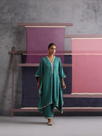 Khushal K Women V-Neck-line Green Kaftan set