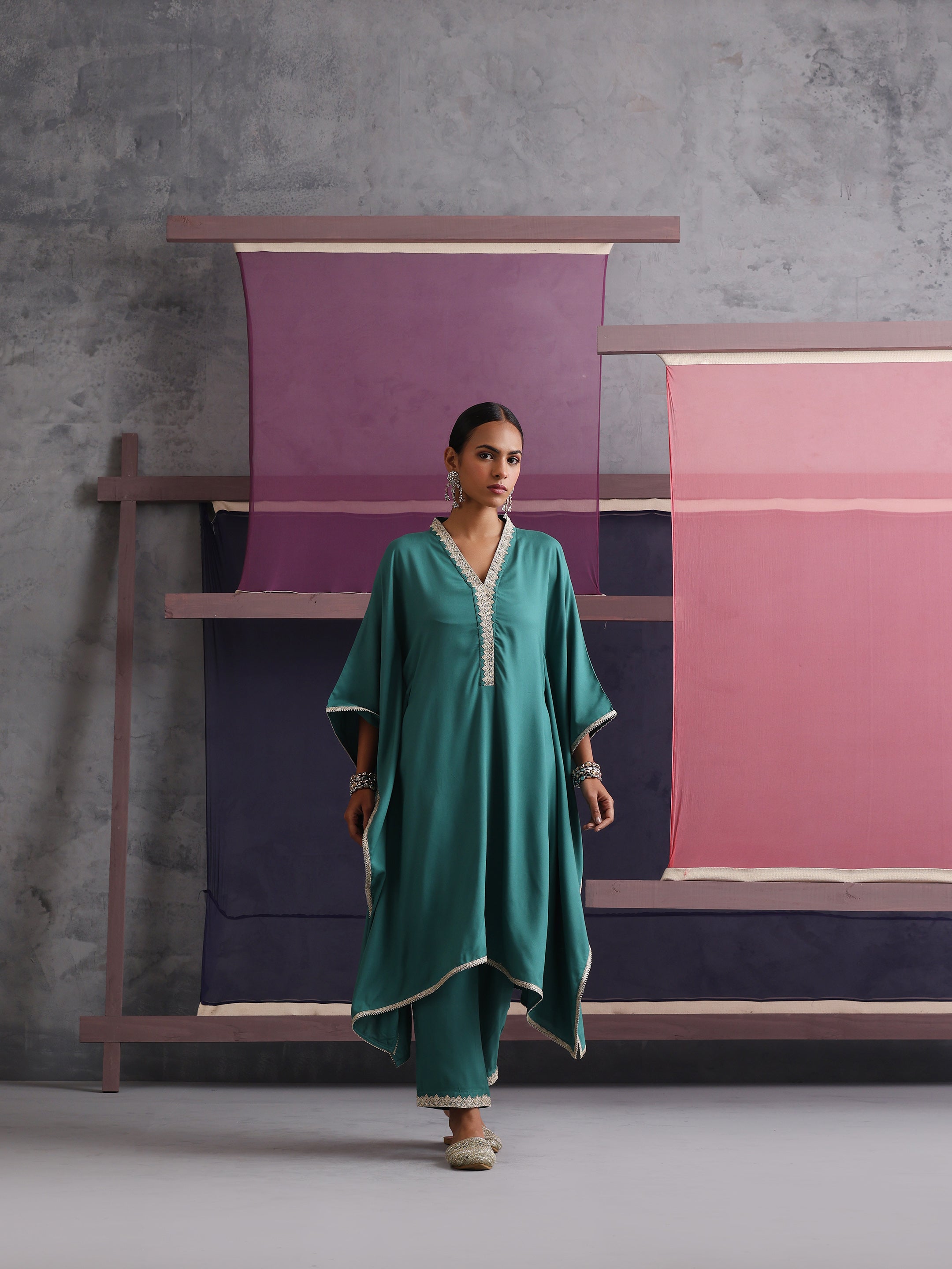 Khushal K Women V-Neck-line Green Kaftan set