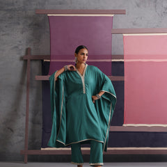 Khushal K Women V-Neck-line Green Kaftan set