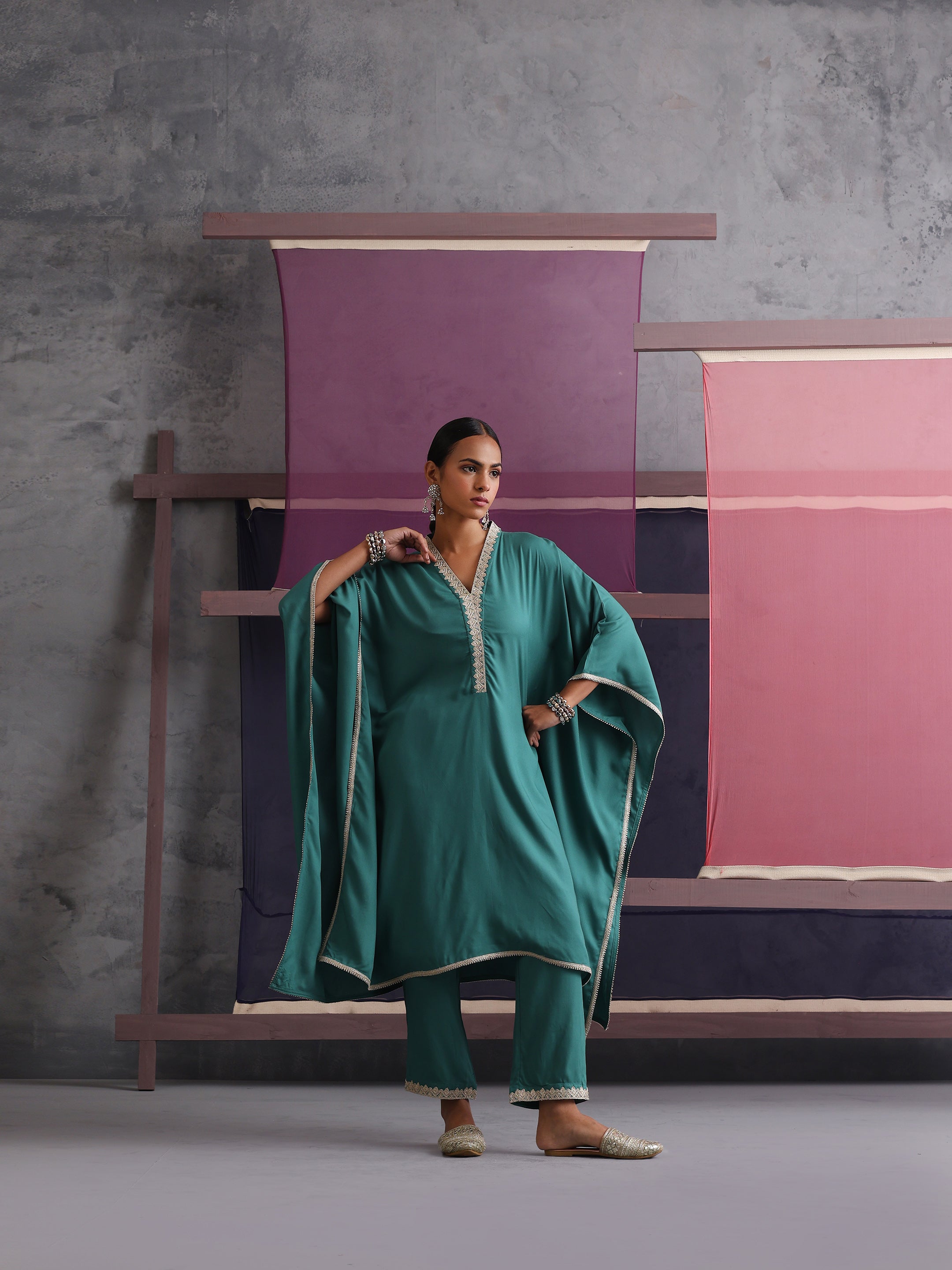 Khushal K Women V-Neck-line Green Kaftan set