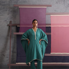 Khushal K Women V-Neck-line Green Kaftan set