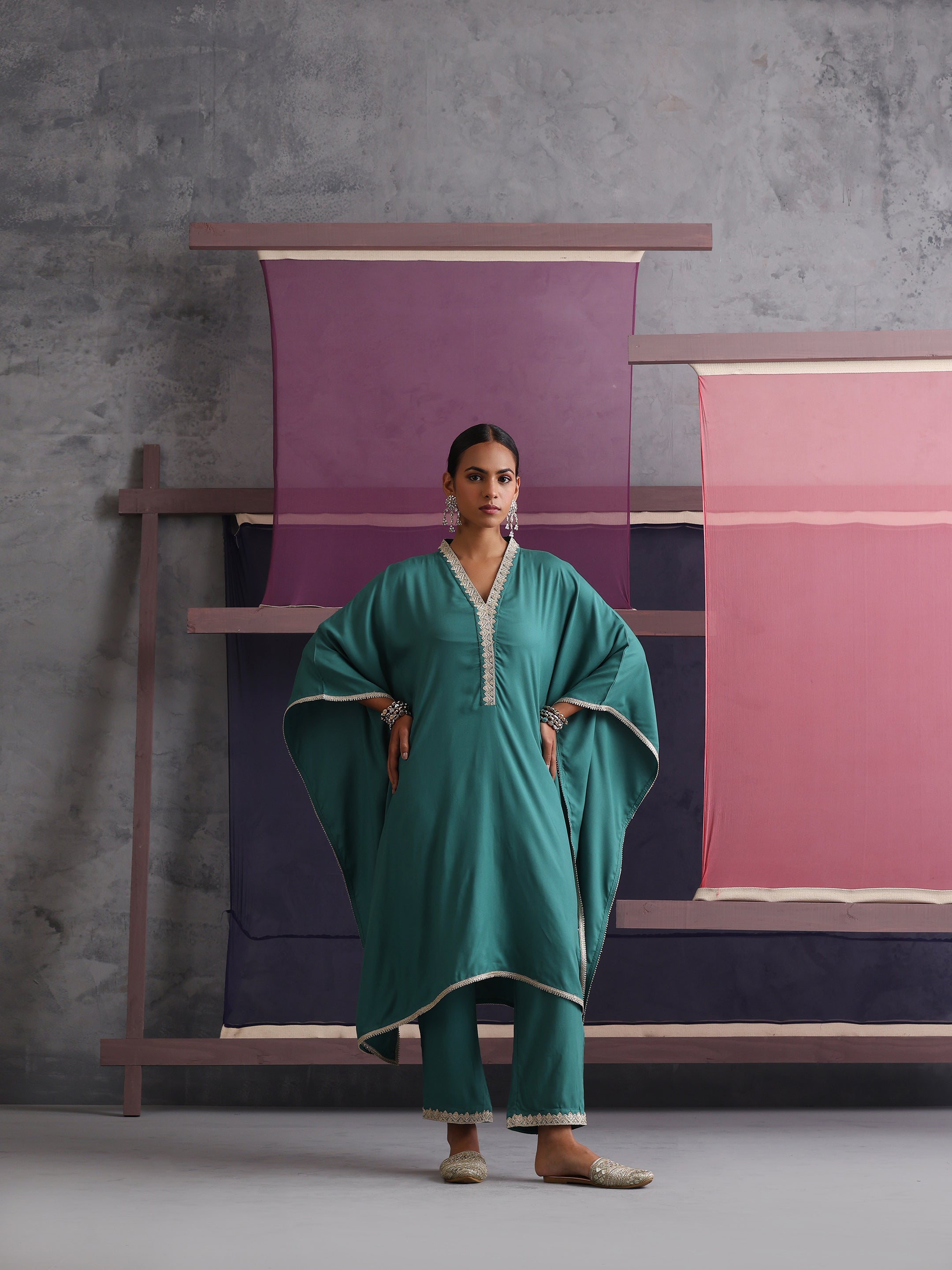 Khushal K Women V-Neck-line Green Kaftan set