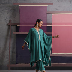 Khushal K Women V-Neck-line Green Kaftan set