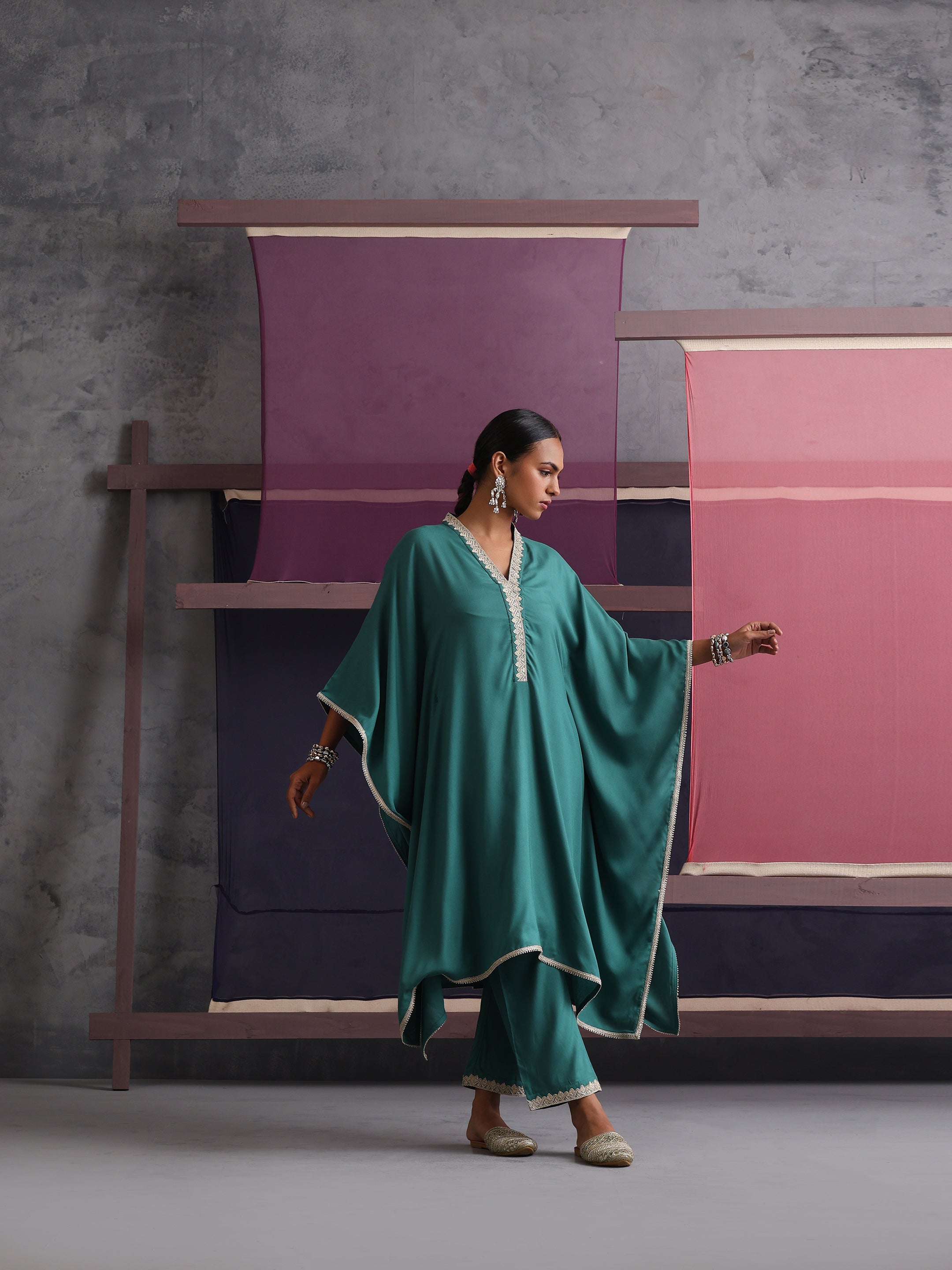 Khushal K Women V-Neck-line Green Kaftan set