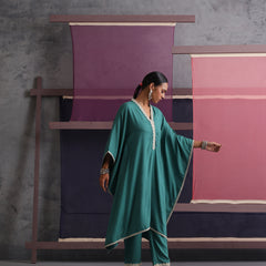 Khushal K Women V-Neck-line Green Kaftan set