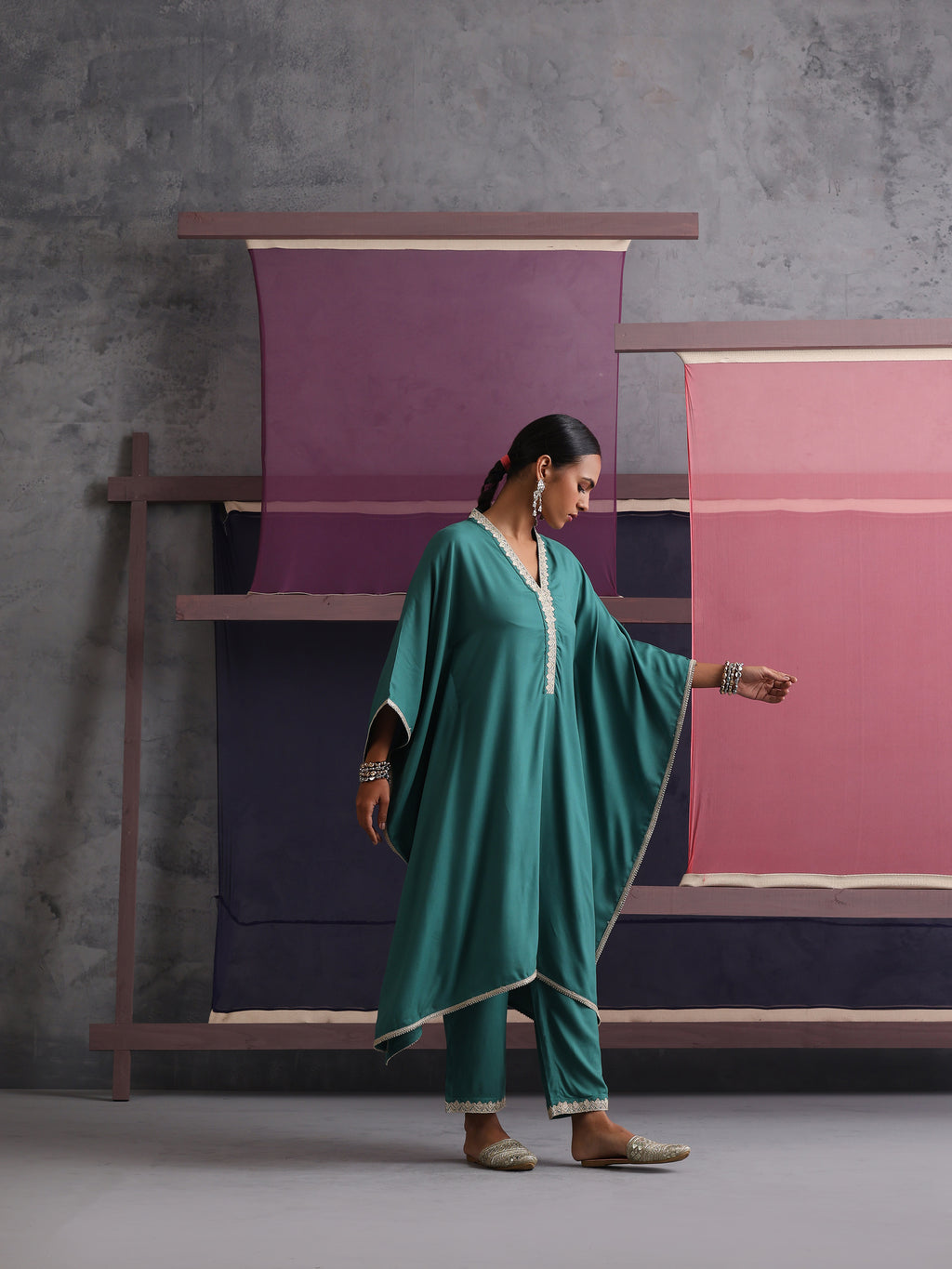 Khushal K Women V-Neck-line Green Kaftan set